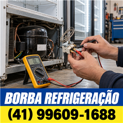 Ilustração de avaliação técnica de um refrigerador com a marca Borba e telefone comercial