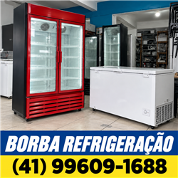 Ilustração de um expositor e freezer com a marca Borba e telefone comercial