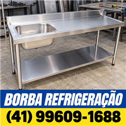 Ilustração de bancada em inox para cozinha industrial sob medida com a marca Borba e telefone comercial